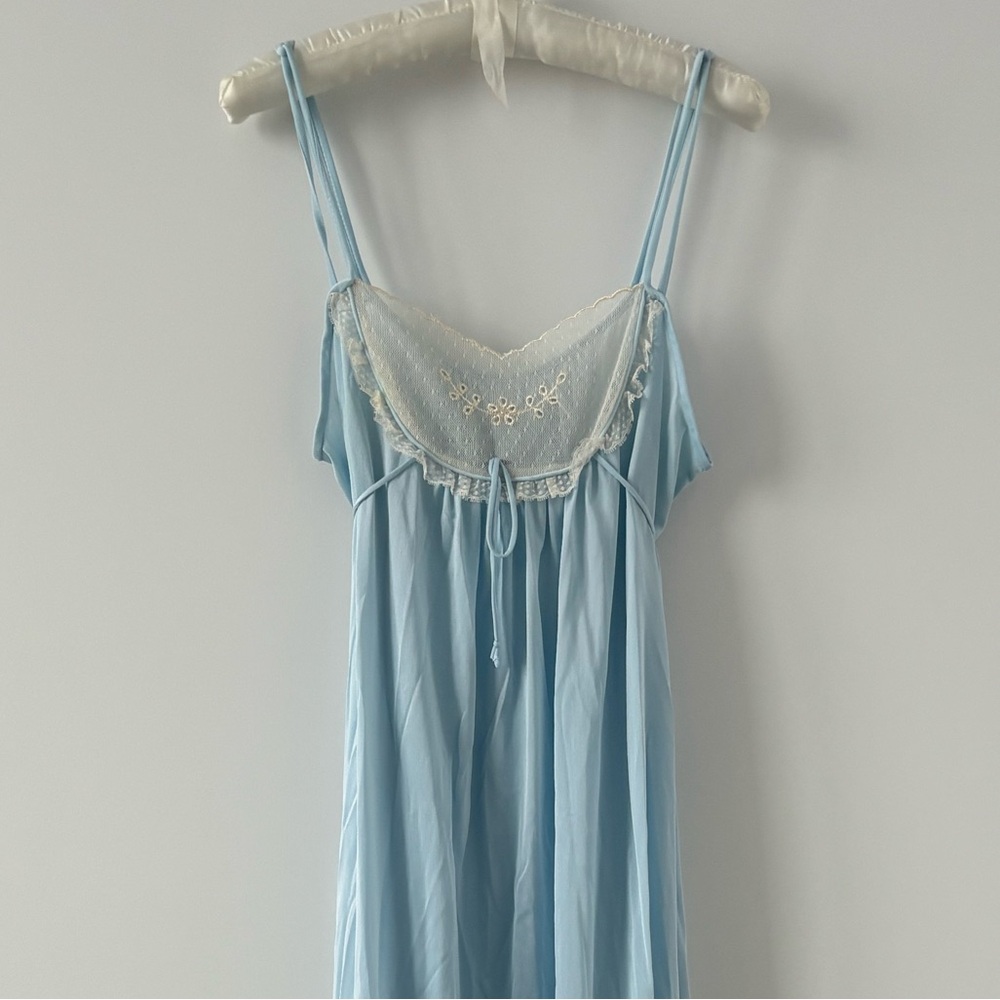 Vintage 60s 70s Sears Junior Bazaar Baby Blue Lace Long Nightgown Dress